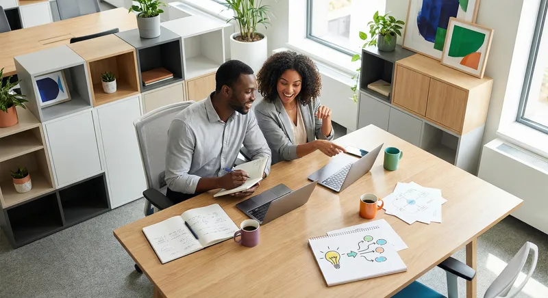 Two professionals collaborating at a table with laptops and notebooks, discussing content strategy in a modern office setting