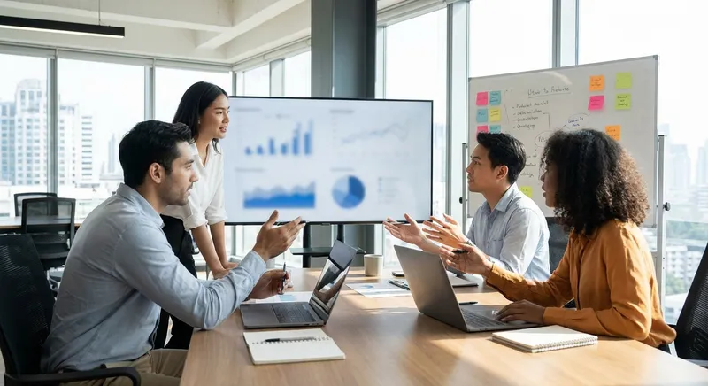 Team reviewing content performance on a large screen with notes and a checklist visible