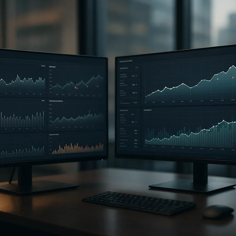 A high resolution photo realistic illustration of an operations dashboard on two large monitors in a modern office, showing graphs and KPI trends with annotated events, clean UI, soft ambient lighting, focused composition, professional color palette, no text overlays or logos, cinematic depth of field, realistic reflections