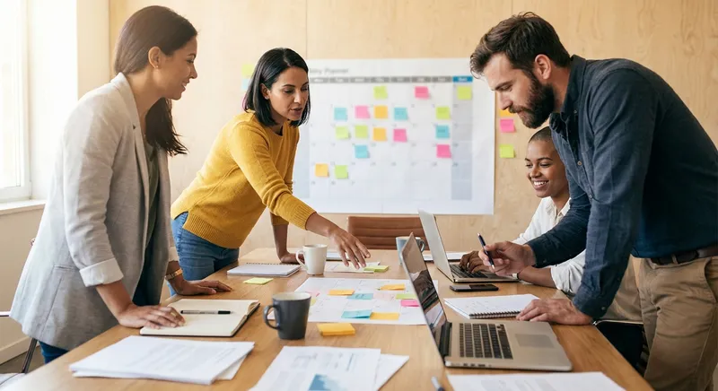 Small team collaborating on content calendar in a meeting room