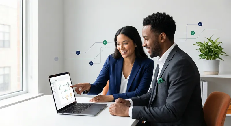 Two professionals reviewing content on a laptop screen together, with digital collaboration elements visible
