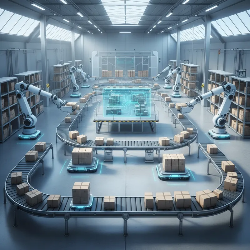 Illustration of a smart warehouse with automated robots and optimized routing