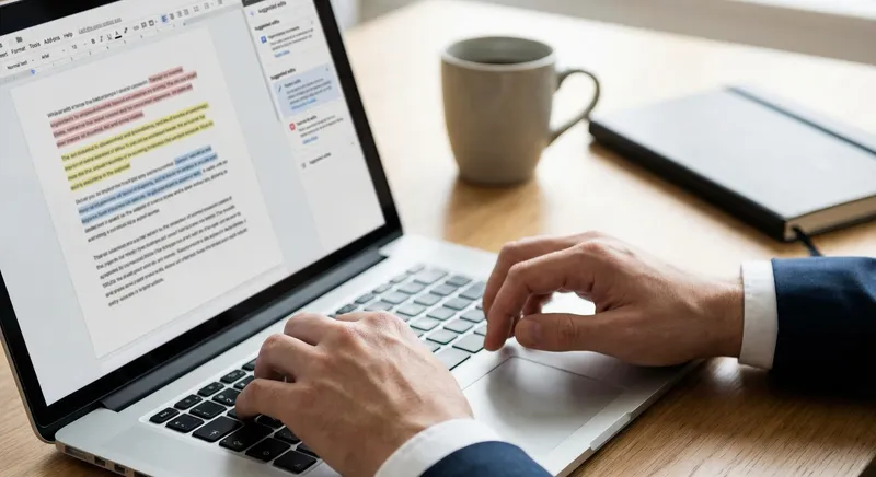 Content editor refining a post on a laptop