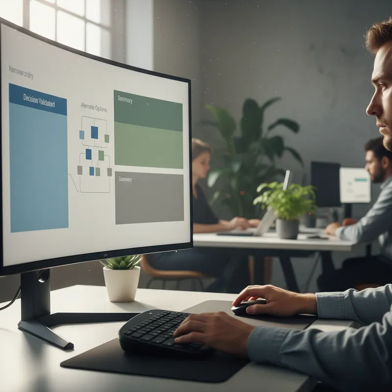 A realistic photo style scene of a human reviewer at a workstation validating an autonomous agent decision, screen shows summaries and alternate options, soft natural office lighting, focus on hands and screen, candid composition, modern office interior, no visible text or logos