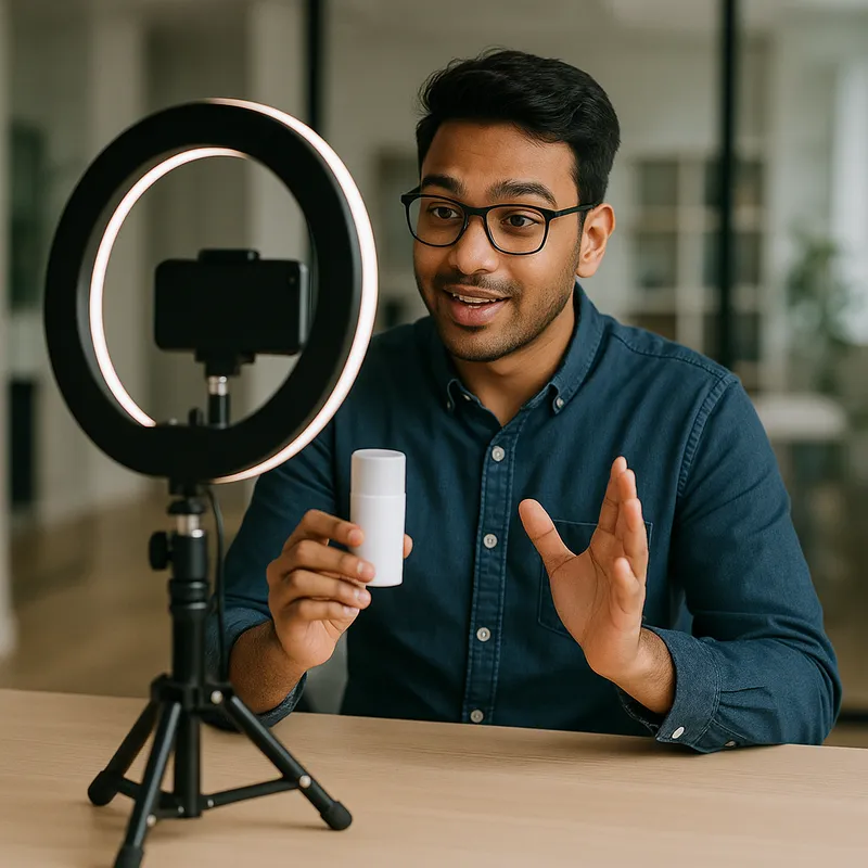 A photo of a professional content creator recording a short product demo at a small studio desk with ring light and smartphone on tripod, mid-shot framing showing the presenter speaking to camera, soft natural skin-tone lighting, clean modern office background, shallow depth of field, realistic photographic style