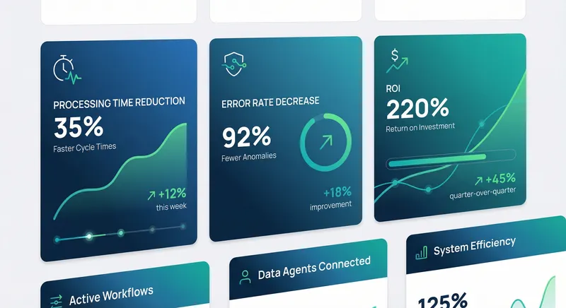 Dashboard interface showing real-time metrics and KPIs with green performance indicators and smooth gradient backgrounds, displaying automation success rates and business outcomes