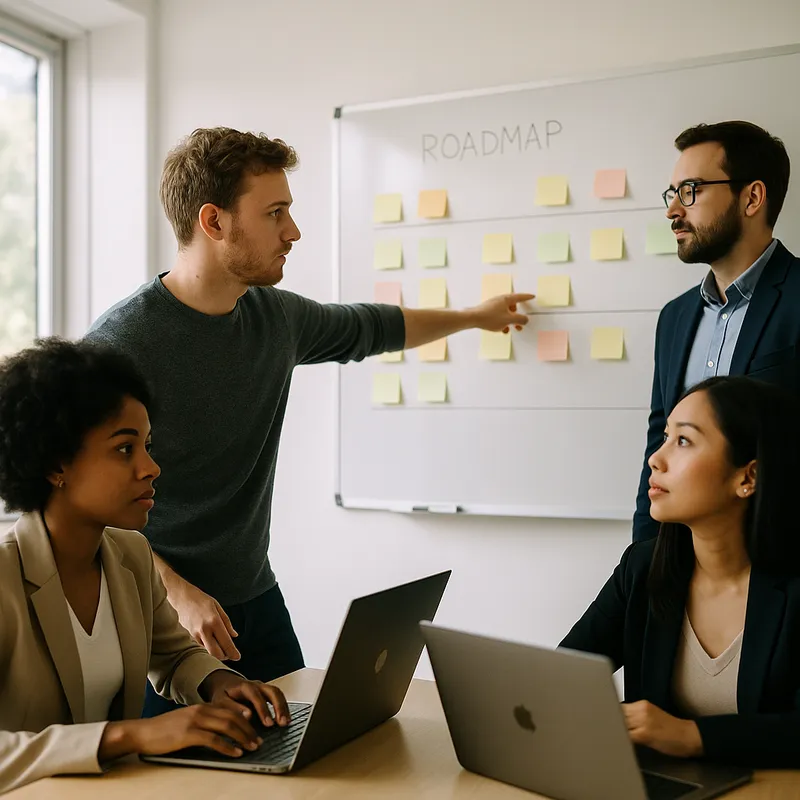A candid photo realistic image of a cross functional team in a bright conference room planning a roadmap on a whiteboard with sticky notes and laptops, natural daylight, shallow depth of field, diverse team, professional atmosphere, no visible logos or text