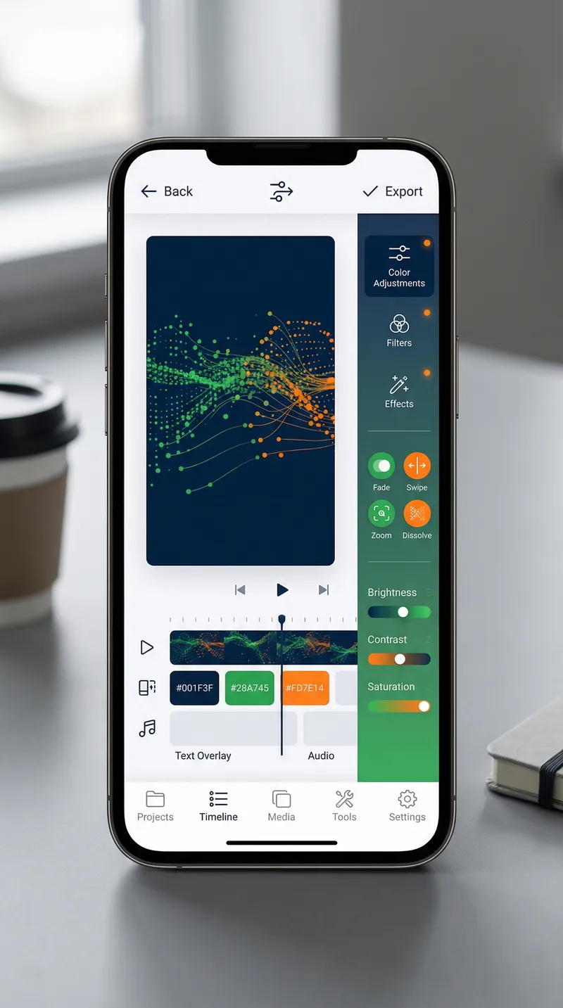 Smartphone screen showing vertical video editing interface with timeline, text overlay options, and color adjustment controls in modern app design