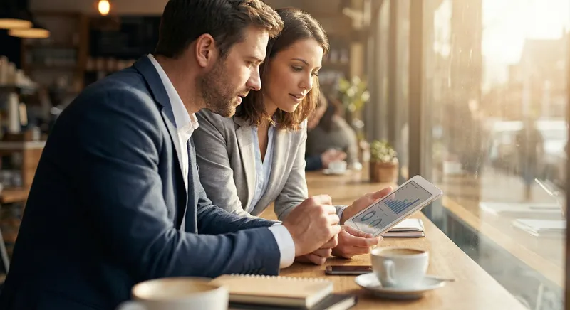 Two professionals reviewing social media performance on a tablet
