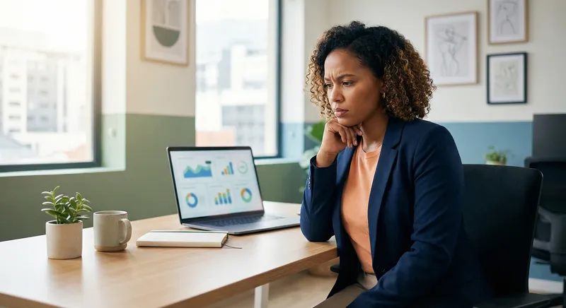 Professional woman at laptop thoughtfully reviewing LinkedIn analytics dashboard with engagement metrics displayed, modern office with natural lighting, focused expression, clean workspace with coffee cup, warm color palette