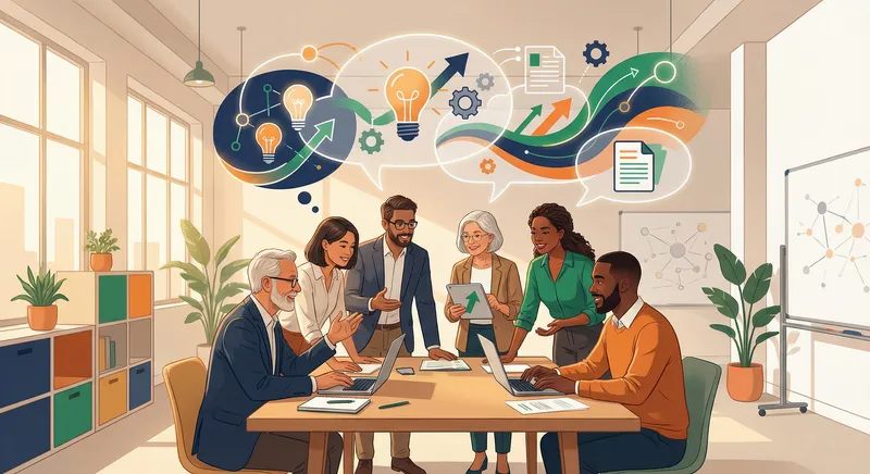 Diverse group of professionals collaborating and sharing ideas