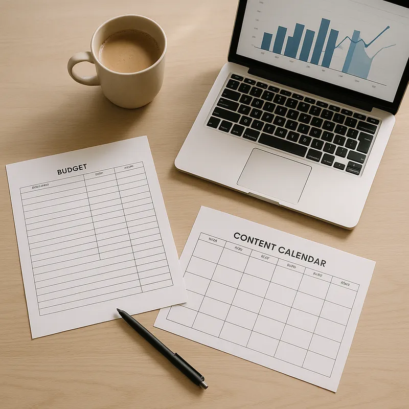 Overhead shot of a neat desk with a printed budget planner, a content calendar, a laptop showing charts, and a coffee mug, soft natural lighting, calm organized mood, photographic style, no text or logos
