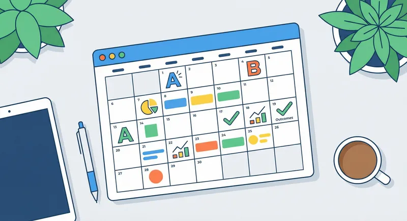Illustration of a content calendar with test labels and outcomes