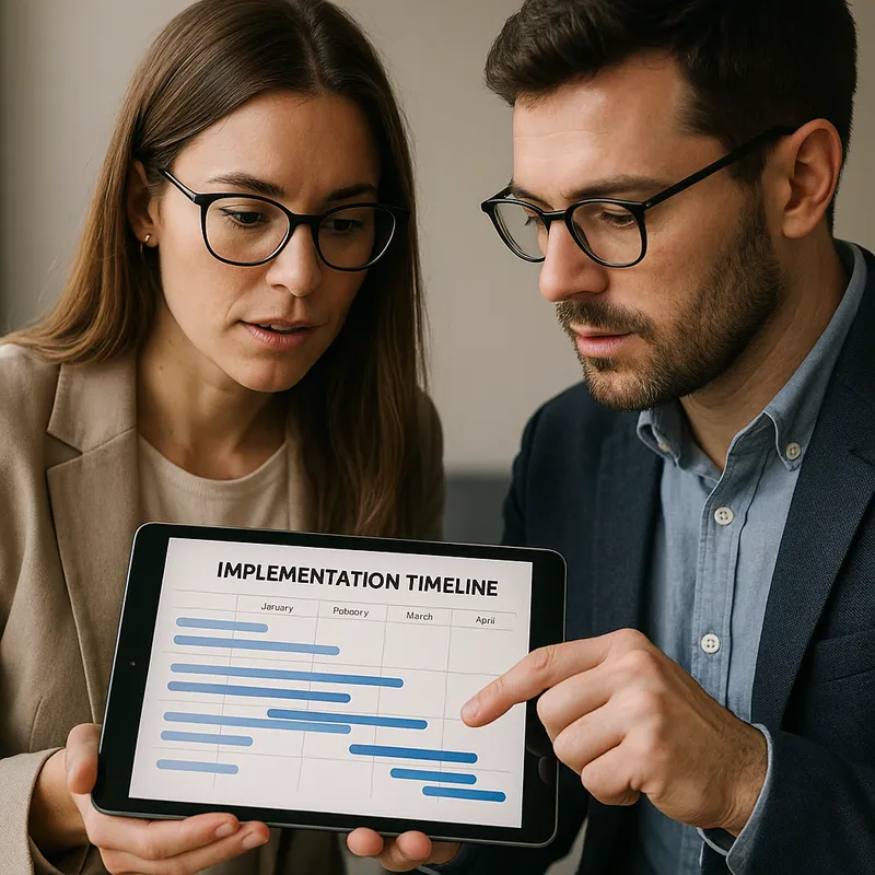 Photo style image of two professionals in a modern office looking at a tablet showing an implementation timeline, neutral background, soft directional lighting, close crop with tablet screen clearly visible, realistic color tones, candid mood, high resolution