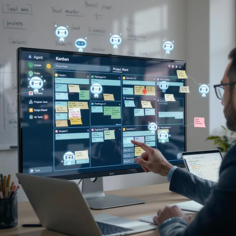 A digital Kanban board with AI agent avatars assigning tasks, updating Gantt charts, and flagging risks, with a human PM approving the plan.