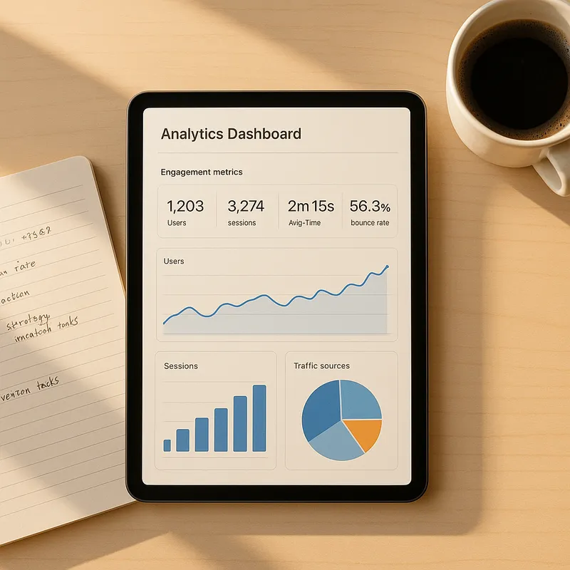 A photo of a tablet showing a simple analytics dashboard with charts and engagement metrics, placed on a desk with handwritten notes and a cup of coffee. Composition is top down, warm morning light, clean workspace, minimal branding and no readable logos or third party product names. Mood is focused and methodical, photo style