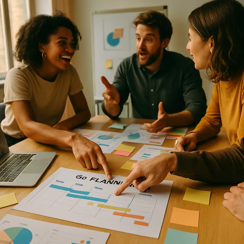 A high-energy photo of a small team gathered around a modern office table covered with charts, sticky notes, and laptops. The composition focuses on hands pointing at a timeline for Q4 planning, with two people in mid-conversation and a whiteboard in the background. Natural, soft window light illuminates the scene, creating a collaborative and focused mood. Photo style, shallow depth of field, warm color grading, candid documentary look