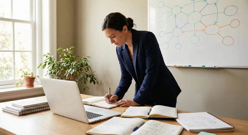 Professional creating LinkedIn content at a modern desk with laptop, surrounded by research materials and industry insights, with visual elements showing content clusters and expertise building