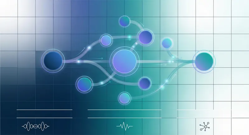 Abstract network diagram showing interconnected nodes and flowing data streams in blue and teal