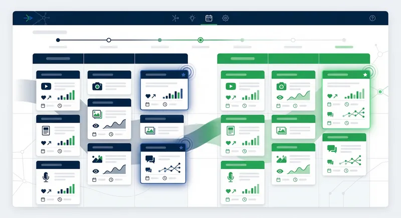 Digital content calendar interface showing organized evergreen posts across different topics, color-coded by category, with engagement metrics visible, clean modern design with green and navy accents