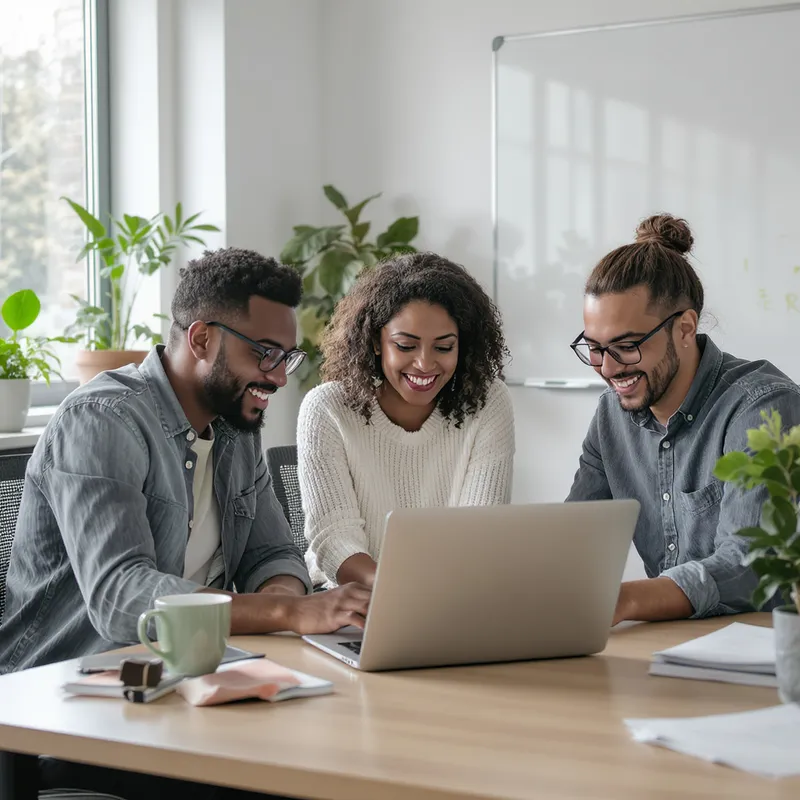 A modern office scene showing a small team gathered around a laptop reviewing content. Composition: medium shot with three people leaning in, one typing, another pointing at the screen. Setting: bright collaborative workspace with plants and a whiteboard in the background. Mood: focused and constructive. Lighting: soft natural window light. Style: photorealistic photo, candid documentary style without text or logos.