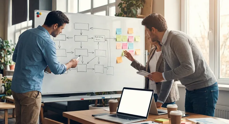 Team workshop whiteboard with editorial workflow