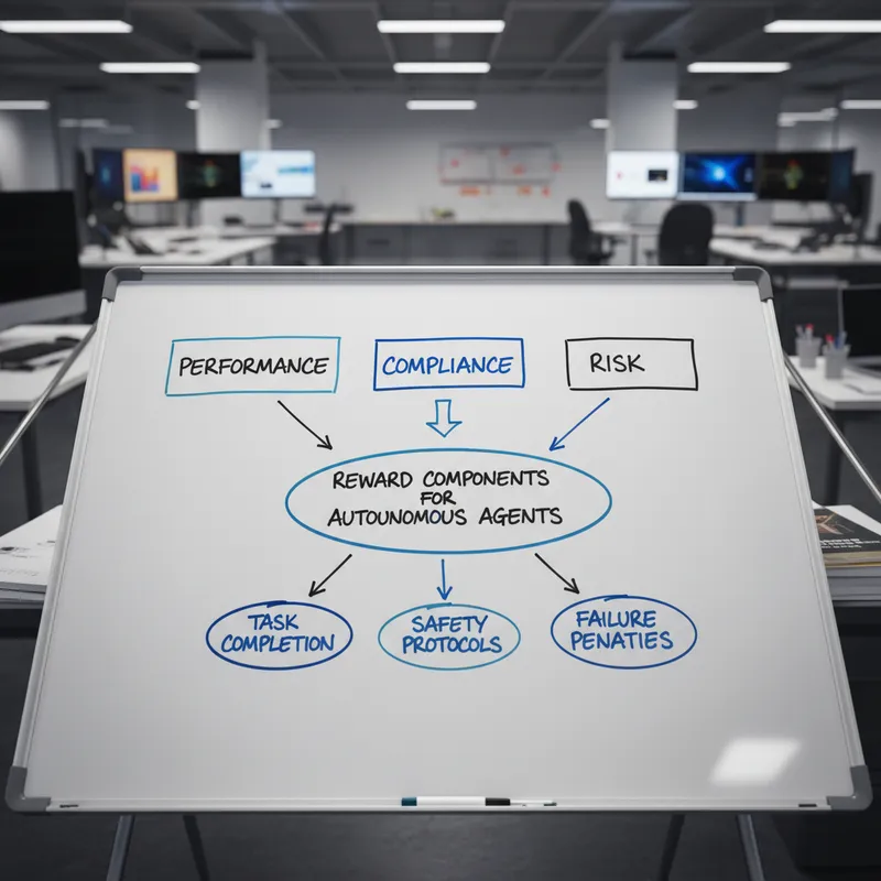 A clean top down photo of a whiteboard in a modern engineering room showing a diagram of reward components for autonomous agents, with labeled boxes for performance, compliance, and risk, soft lighting, shallow depth of field, realistic photo style, professional, no text or logos