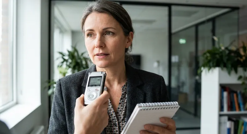 Professional storyteller recording interview for content