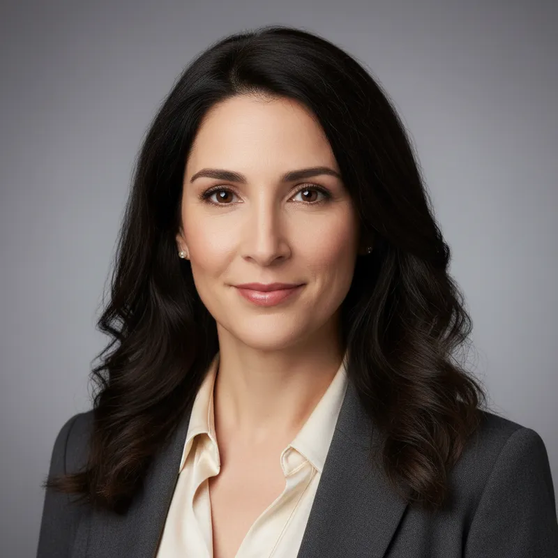 A high resolution photo of a mid 30s professional woman in business casual attire smiling gently, neutral studio background, soft three point lighting, tight head and shoulders composition, shallow depth of field, natural skin tones, modern editorial photography style