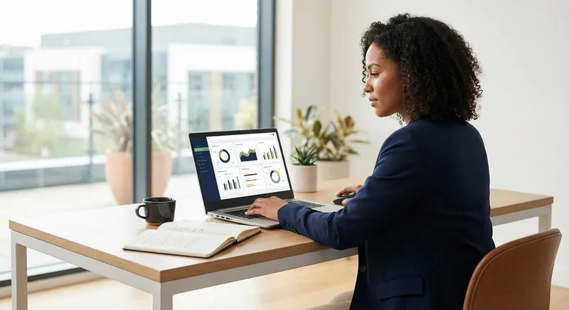 Professional woman reviewing analytics on laptop with notebook and coffee