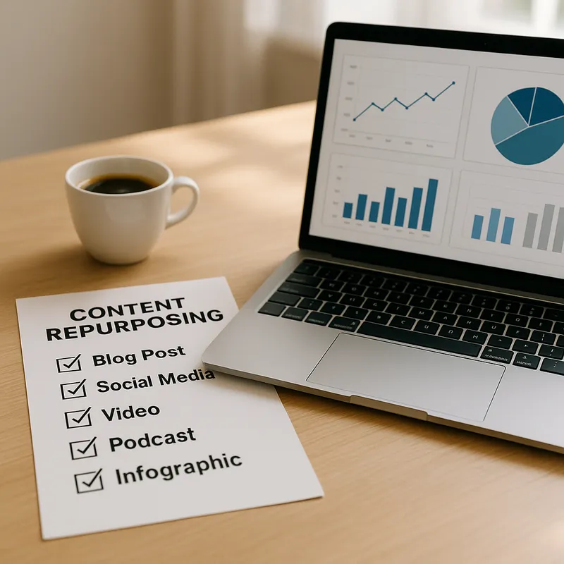 A modern workspace with a printed checklist labeled content repurposing, a laptop showing simple analytics charts, a cup of coffee, bright natural lighting, organized composition, realistic photo, no visible brand logos, professional planning mood