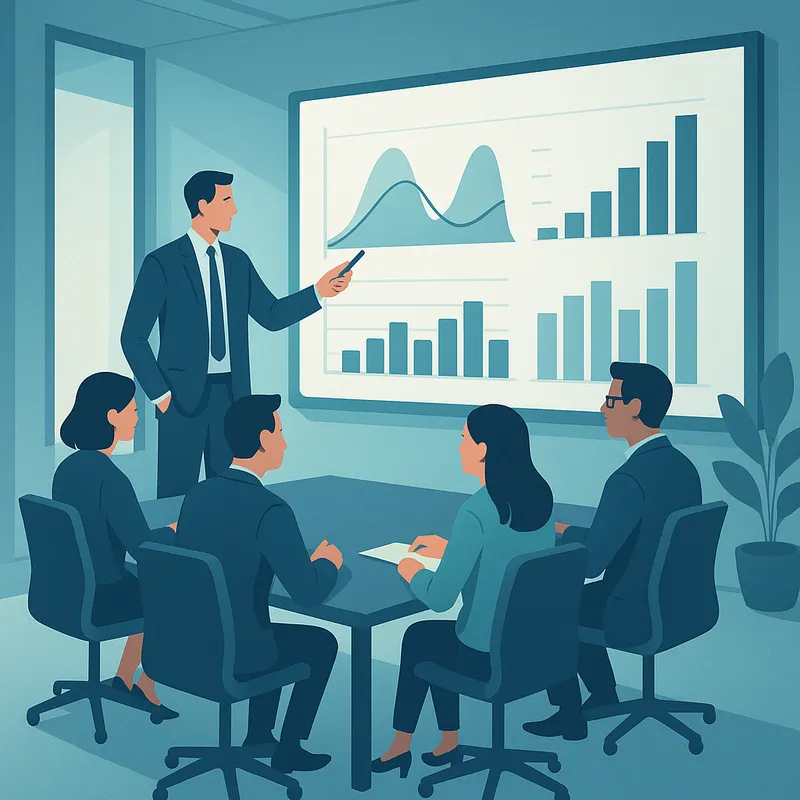 An illustration of a modern conference room with a team gathered around a large wall screen showing sensitivity charts and bar graphs. The design is stylized and clean, cool color palette, soft diffuse lighting, isometric composition, no text or logos, professional and focused mood