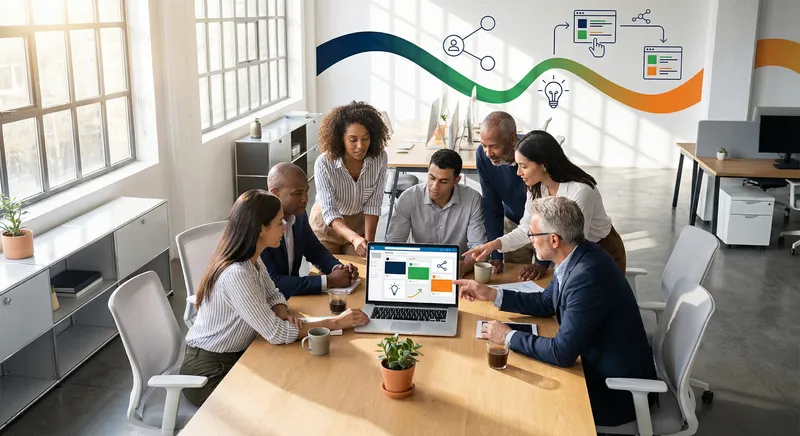 Professional workspace with laptop showing LinkedIn interface, diverse team members collaborating, natural lighting through windows, modern office setting