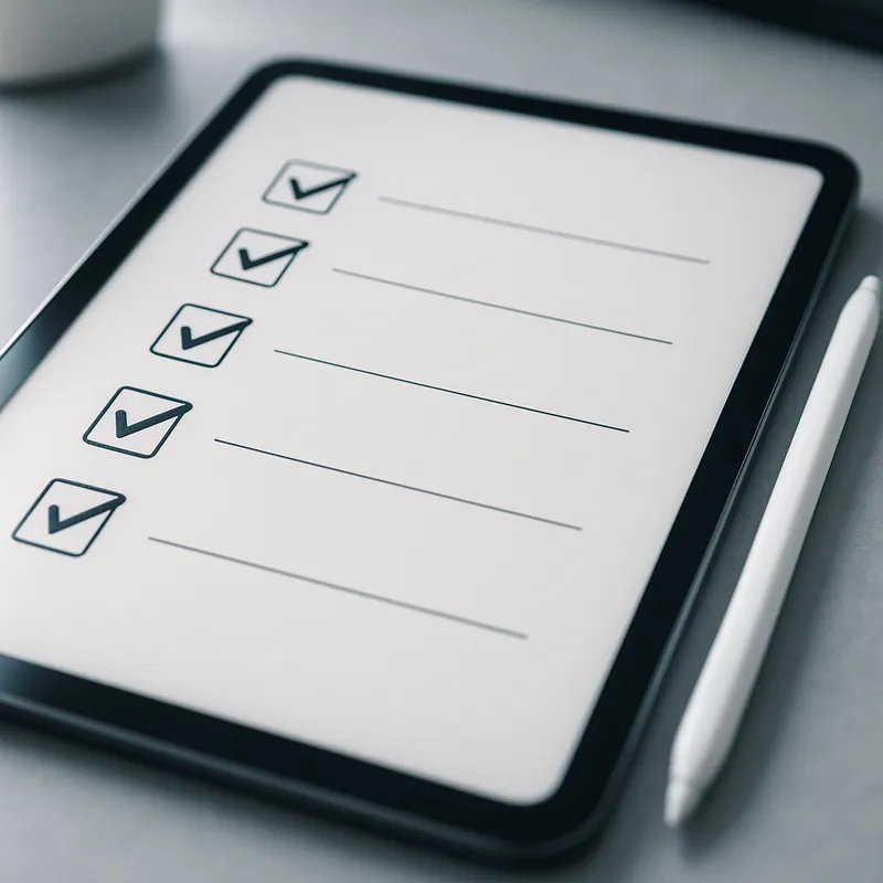 A close-up photo of a tablet showing a checklist app with items checked off and a stylus on the side. Composition: shallow depth of field focusing on the checklist. Setting: modern desk environment. Mood: calm and organized. Lighting: diffuse daylight. Style: photorealistic without text or logos