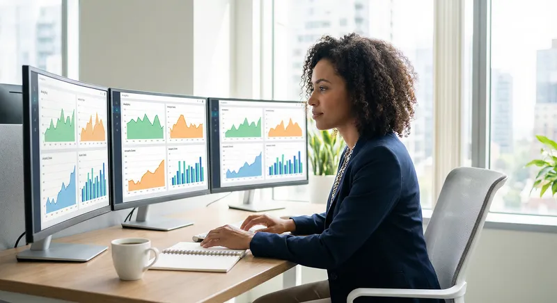 Professional woman reviewing analytics dashboard on laptop in modern office setting