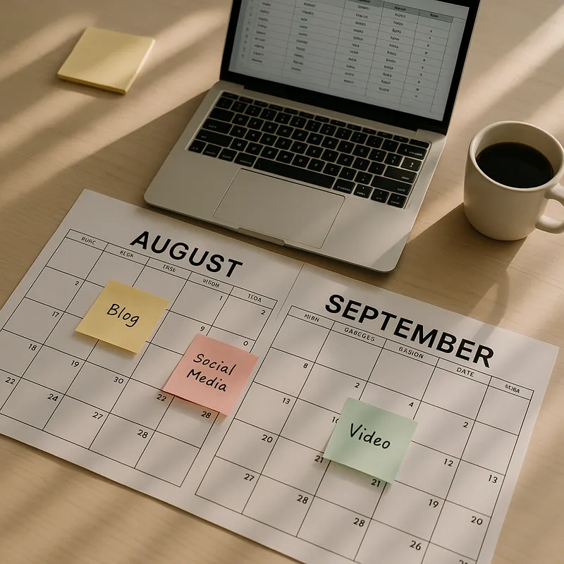 A professional flat lay photo of a desk with a large calendar open to August and September, sticky notes showing weekly themes, a laptop with a content spreadsheet visible, a coffee cup, natural morning light, soft shadows, shallow depth of field, modern clean aesthetic, photo