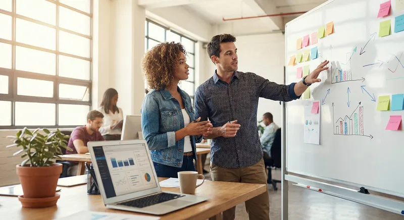 Two marketers planning a content test on a whiteboard with post ideas and metrics
