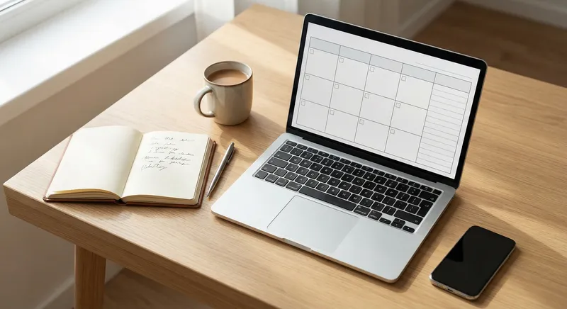 Weekly planning workspace with laptop and coffee