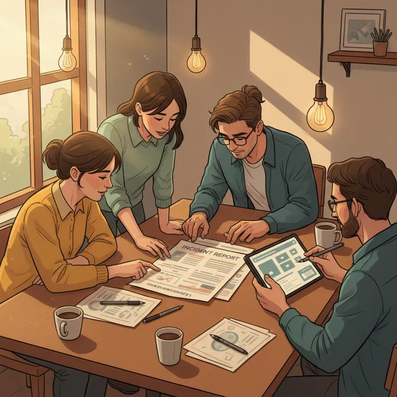 An illustration of a collaborative team sitting around a table reviewing a printed incident report and updating a digital reward specification on a tablet, warm ambient lighting, documentary illustration style, no logos or textAn illustration of a collaborative team sitting around a table reviewing a printed incident report and updating a digital reward specification on a tablet, warm ambient lighting, documentary illustration style, no logos or text