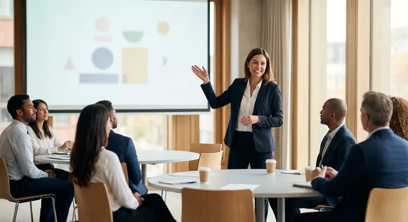 Speaker presenting a slide deck in a modern conference room