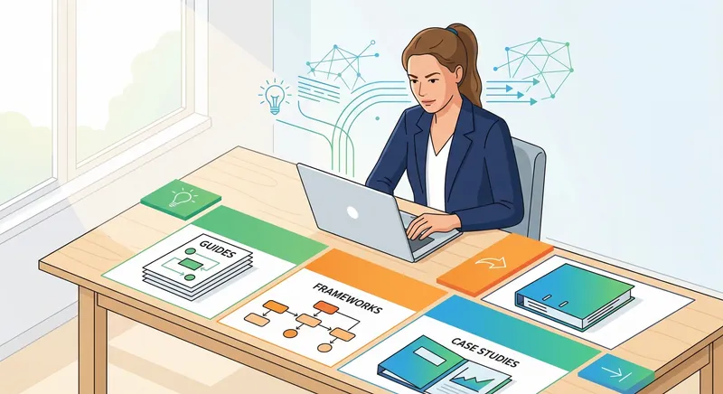 Professional woman at desk with laptop, surrounded by organized notes and diagrams, natural window lighting, focused expression, modern office setting, bright and clear visual style