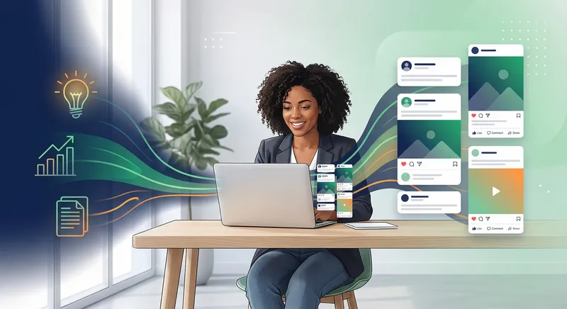 Professional woman at laptop with abstract content flow visualization showing ideas transforming into posts with green and orange accents