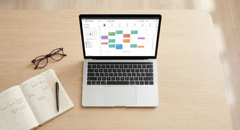 Flat lay of planner and laptop showing a scheduled content calendar