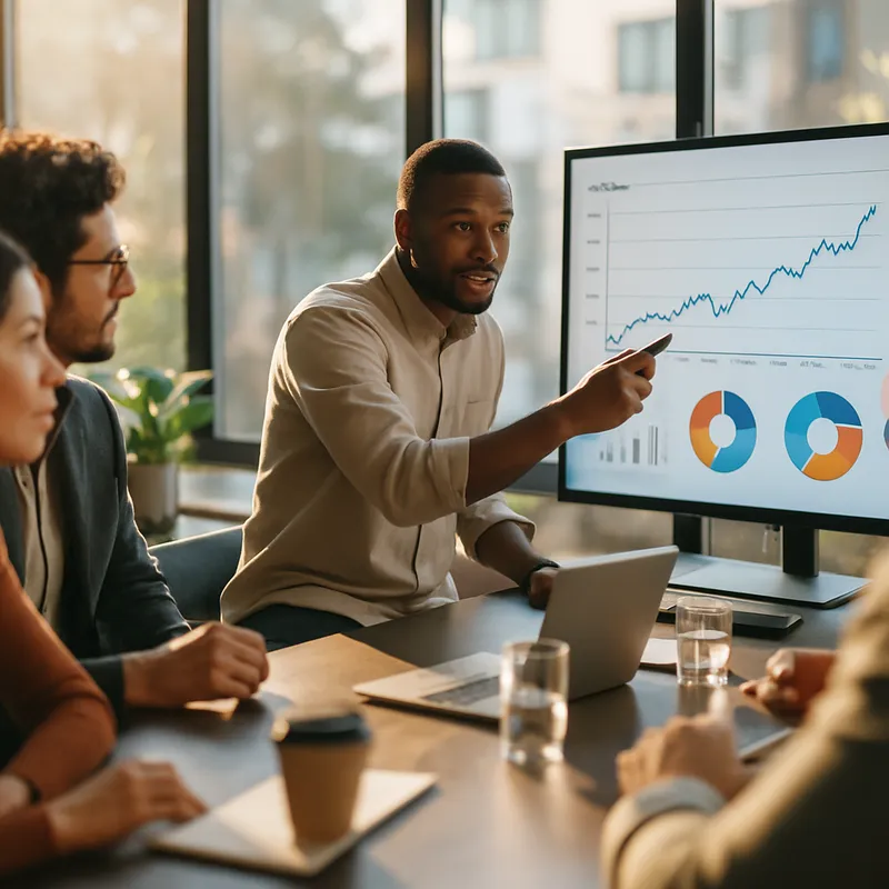 Photo of a diverse group of startup founders and investors reviewing growth metrics on a large screen in a modern, sunlit meeting room. Wide angle composition with a shallow depth of field focusing on a presenter pointing at a chart. Mood is focused and optimistic. Lighting is natural with warm highlights. Realistic photo style, high resolution, no text or logos