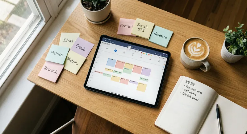 Weekly content planning session with a content calendar open on a tablet