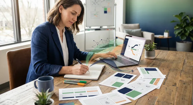 Professional extracting content ideas from presentation slides at a clean desk with notebook and laptop, surrounded by organized notes and frameworks. Modern office setting with natural light, focused concentration, warm and productive atmosphere. Minimalist aesthetic with hints of green and navy.