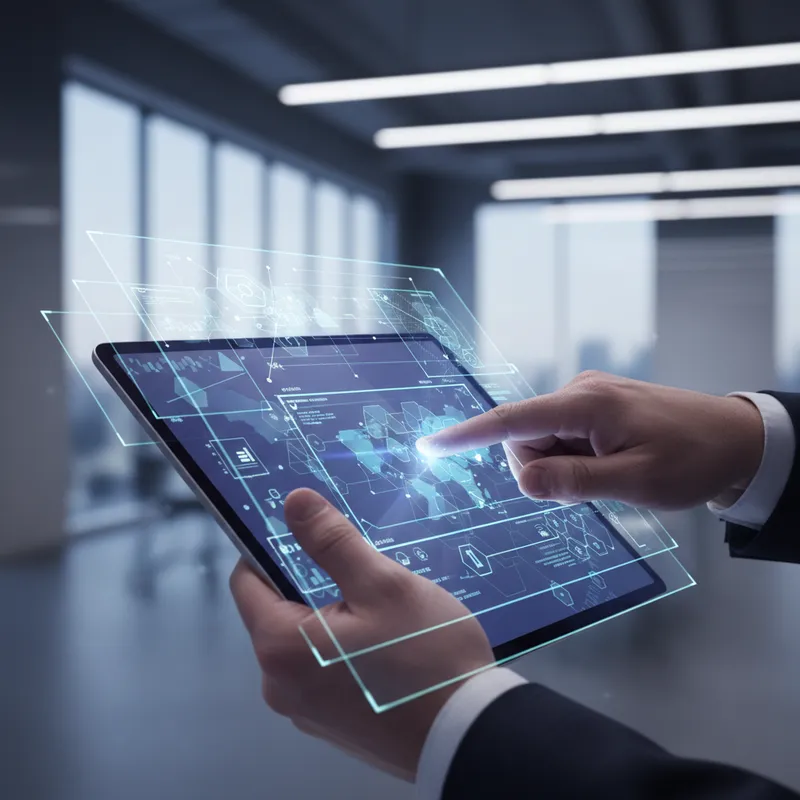 Close up of hands interacting with touchscreen showing agent workflows