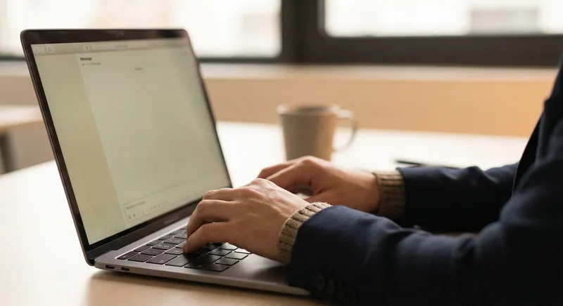 Close up of a professional responding to a direct message on a laptop
