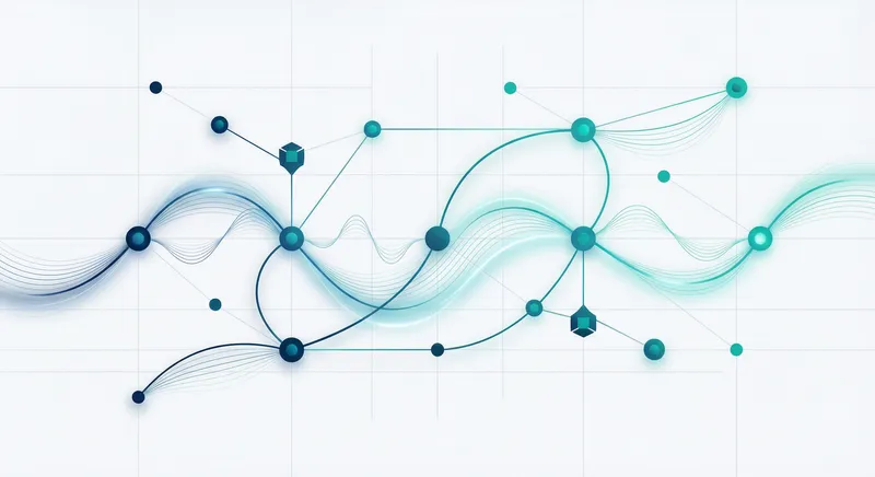 Abstract network of interconnected nodes with flowing data streams in teal and blue gradients, representing agent coordination and orchestration in enterprise systems