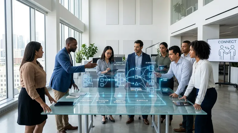 A wide-angle editorial photograph of a diverse team of enterprise professionals collaborating in a bright, modern office space with high ceilings and ample white space. The team is gathered around a large, minimalist glass table where a holographic modular grid interface displays abstract nodes and glowing connection lines, representing the transition from legacy data to agentic AI workflows. The scene is bathed in soft, natural morning light, emphasizing a professional and optimistic atmosphere, with the background showing subtle architectural lines and a "Connect" line-style icon integrated into a nearby digital display.